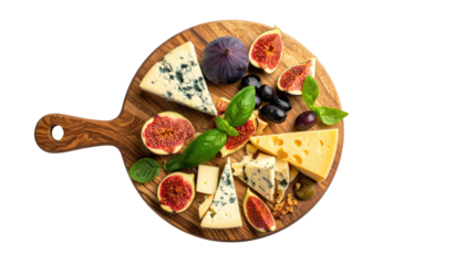 Round wooden board showcasing various cheeses, figs, grapes, and basil