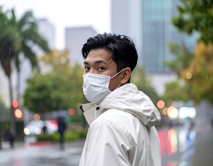 A young man in a white jacket and face mask looks over his shoulder in a rainy city