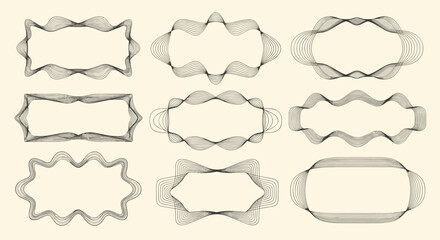 Collection of nine decorative ornamental borders and frames with intricate line art designs on a light beige background.