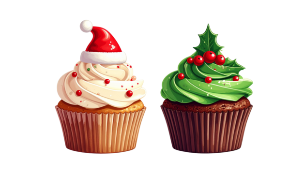  Classic Christmas Cupcake and Frosted Holiday Cupcake, isolated on transparent background