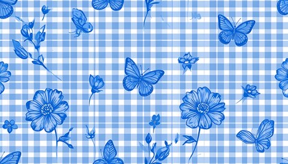 Blue floral and butterfly pattern on a gingham background