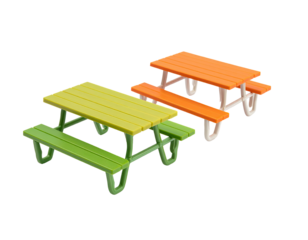 Two small picnic tables, one green and one orange, displayed side-by-side