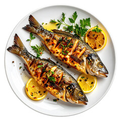 Two grilled fish fillets, seasoned and garnished, on a white plate with lemon slices and fresh herbs