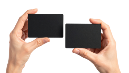 Two black rectangular cards held by hands