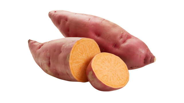 Fresh sweet potatoes one whole and one sliced revealing vibrant orange flesh isolated on transparent background