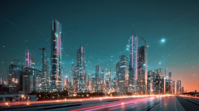 Futuristic megacity skyline with neon-lit skyscrapers and digital networks for tech company branding or urban development campaigns

