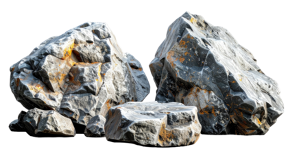 Close-up of three rough, gray rocks with orange/gold mineral flecks.  Jagged edges and uneven surfaces