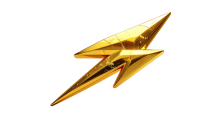 Gold lightning bolt, 3D rendered, textured, sharp points, metallic sheen,  with a cracked or aged surface