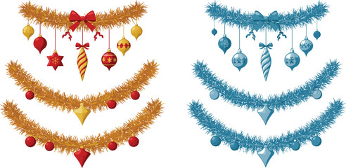 Christmas garland with baubles, festive holiday decoration, Christmas ornaments, golden tinsel garland, New Year decor, seasonal celebration, winter holiday illustration, decoration design © MDALRAFIN