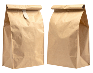 Two identical brown paper lunch bags, side-by-side.  Each bag has a simple, folded top closure, featuring a small white closure tab.  The bags are plain and appear sturdy