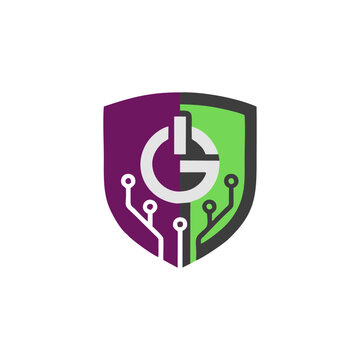 Cybersecurity Shield Logo with Power Button and Circuit Board Elements - Digital Security and Technology Concept
