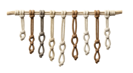 Macrame knots isolated on transparent background, a decorative textile art using knotting techniques to create intricate patterns and textures for wall hangings