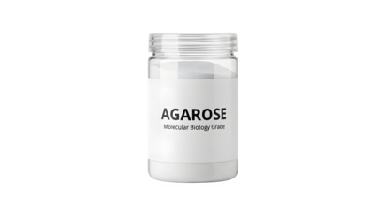 Agarose powder in a clear glass jar isolated on transparent background, a crucial component for molecular biology and biochemistry research