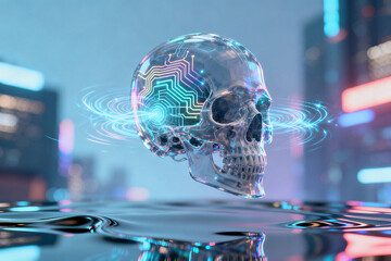Digital skull with circuit patterns floating above water in a neon cityscape