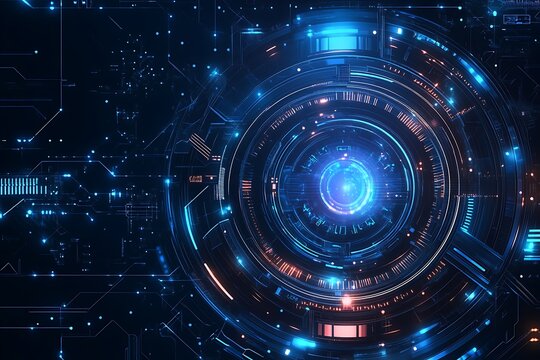 Futuristic Technology Abstract Background with Glowing Circular Interface and Digital Circuits