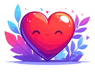Cute cartoon heart surrounded by stylized leaves
