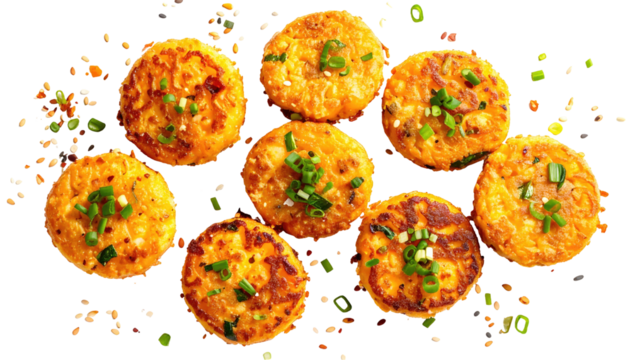 Top-down view of golden-orange, round food patties, scattered with green onions and small specks