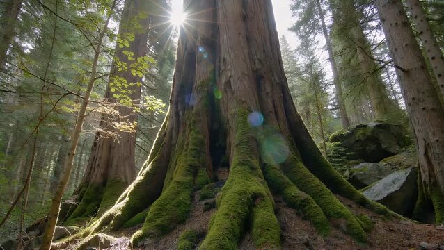 Archaic Beech Tree Enveloped in Verdant Moss and Bathed in Sunbeams Within Somber Woodland