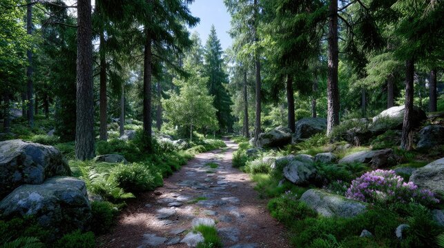 Sunlit Forest Path Through Woodlands with Green Trees Rocky Outcrops and Sunlight Streaming Through Leaves in a Cinematic HDR Landscape