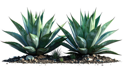 Two agave plants, light-green and grayish-blue, with sharp, spiky leaves, growing from a bed of dark brown soil and small rocks