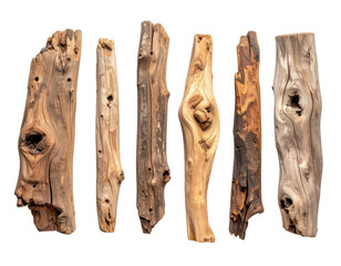 Five unique, aged wooden planks arranged vertically.  Natural wood grain, knots, and holes are prominent.  Warm brown tones