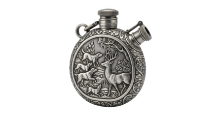 Antique silver flask with hunting scene engraving isolated on transparent background, a vintage liquor container with detailed animal artwork