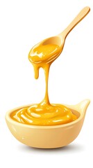 Golden Honey Drips from Wood Spoon into Bowl on White Background