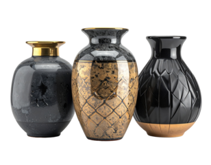 Three decorative vases in dark colors with gold accents