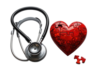 Stethoscope next to a broken heart puzzle