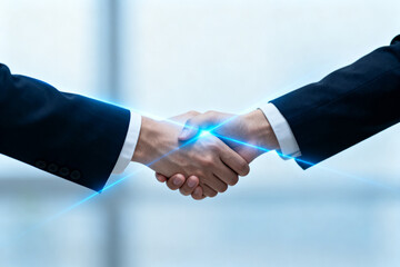 Two business professionals shaking hands with a glowing blue light effect symbolizing a technological or digital partnership.