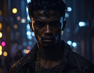 A young man with a serious expression, framed against a blurry city night background