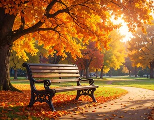 Autumn park scene with bench