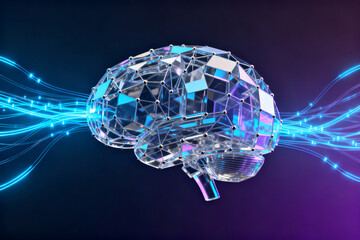 Digital brain model with glowing neural connections and geometric structure