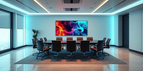 Sleek, minimalist conference room with holographic display and AI assistant,  glass,  interface