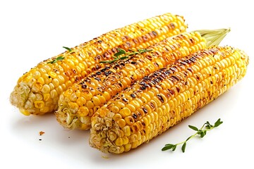 Grilled Sweet Corn Cobs with Thyme Herb Sprigs on White Background Closeup
