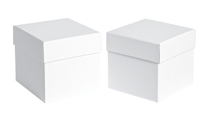 Two identical, square, white gift boxes with lids