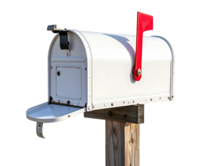 White mailbox on wooden post (2)