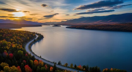 Serene lake at sunset scenic view with autumn colors and dramatic sky