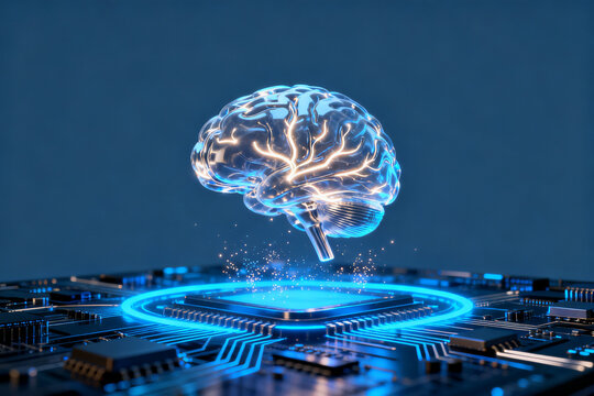 Digital brain hovering over a circuit board with glowing neural pathways and blue energy rings