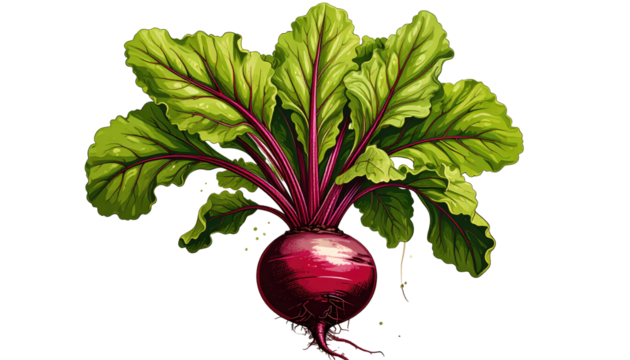 Vibrant illustration of a beet plant.  Dark red beet bulb with vibrant green leaves. Detailed leaf structure