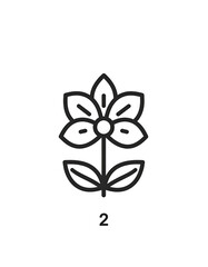 Simple, stylized flower graphic.  Dark outline on black background.  Detailed petals, central circle.  Small, textured leaves.  Number "2" below the flower