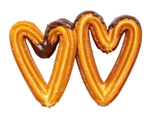 Two heart-shaped churros coated in chocolate