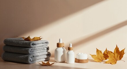 Serene Spa Essentials: A calming spa still-life featuring a stack of soft towels, skincare products, and autumn leaves. Perfect for relaxation and well-being.