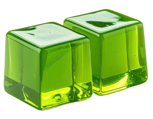 Two vibrant green, cube-shaped, translucent candies