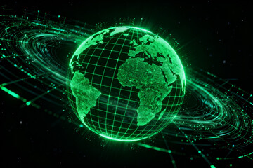 Obraz premium Digital globe with green grid and orbital network lines against dark background