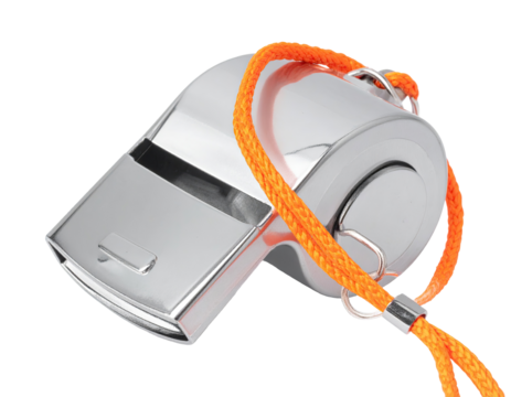 Shiny metallic whistle with orange cord