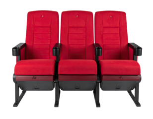 Three red theater seats, front view