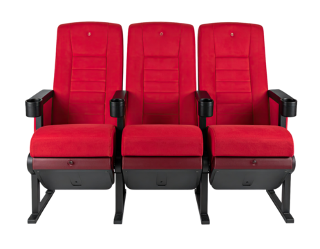 Three red theater seats, front view