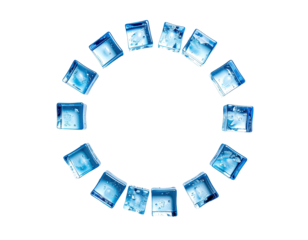Circular frame of frosted, blue ice cubes