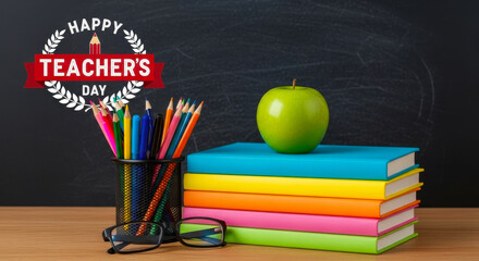 Happy teachers day celebration with stack of colorful books pencils and green apple on wooden desk